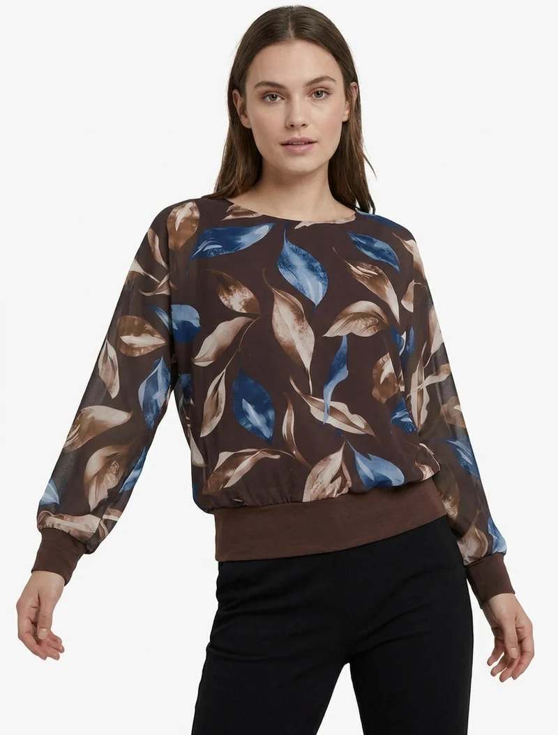 Top boule imprimé feuilles à manches chauve-souris - Marron