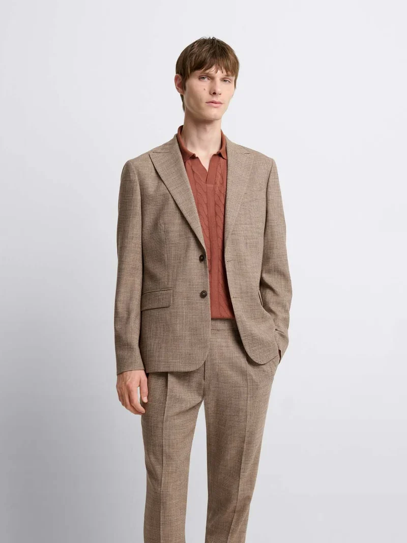 Costume 2 pièces slim beige à motif pied de puce