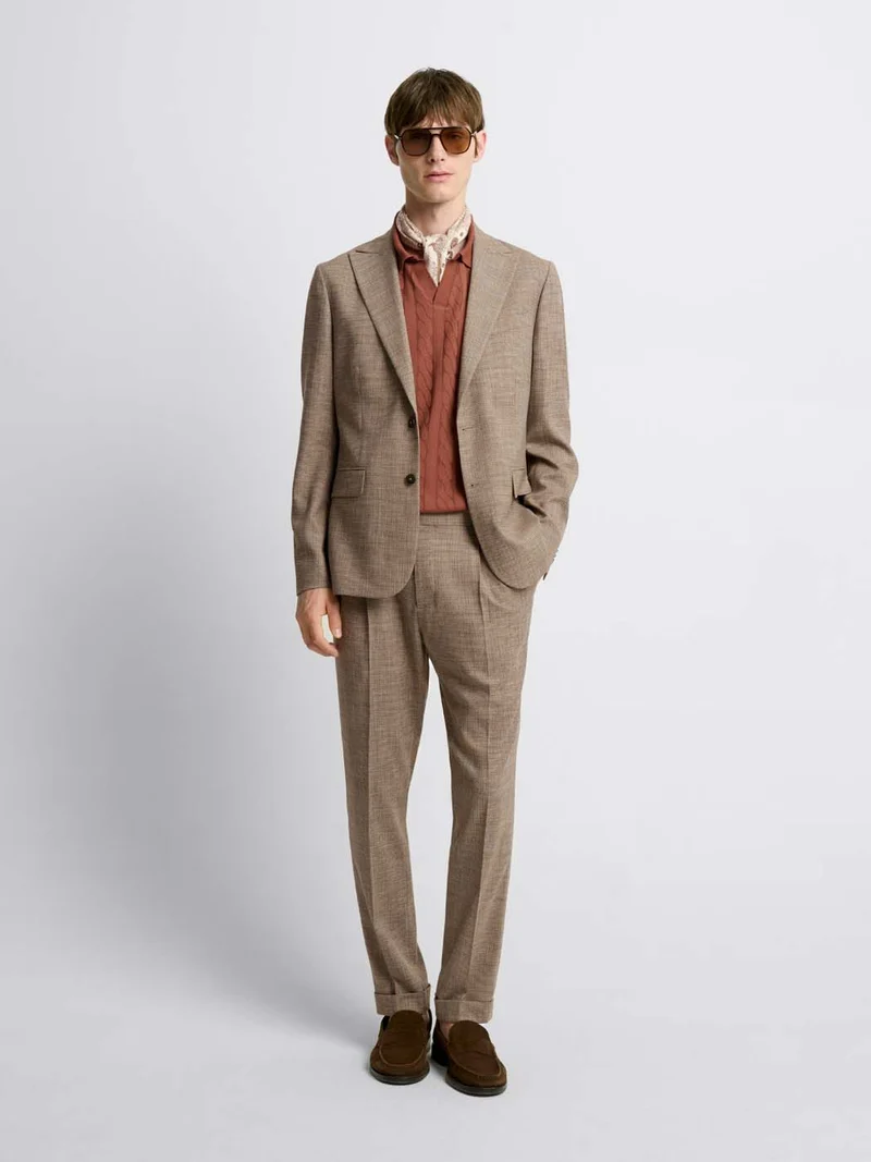 Costume 2 pièces slim beige à motif pied de puce