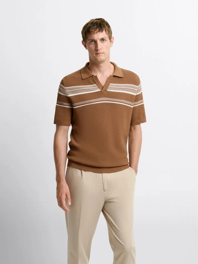 Polo maille col ouvert à rayures