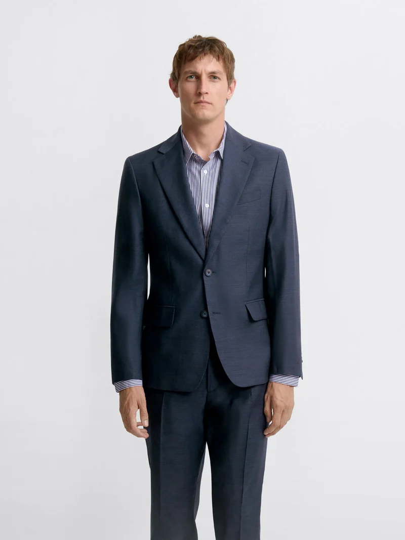 Costume 2 pièces slim bleu marine en laine et lin