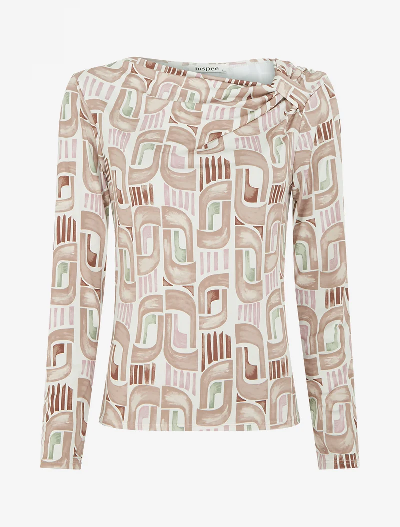 Top imprimé rétro à manches longues - Beige