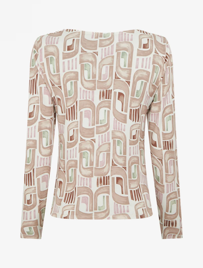 Top imprimé rétro à manches longues - Beige