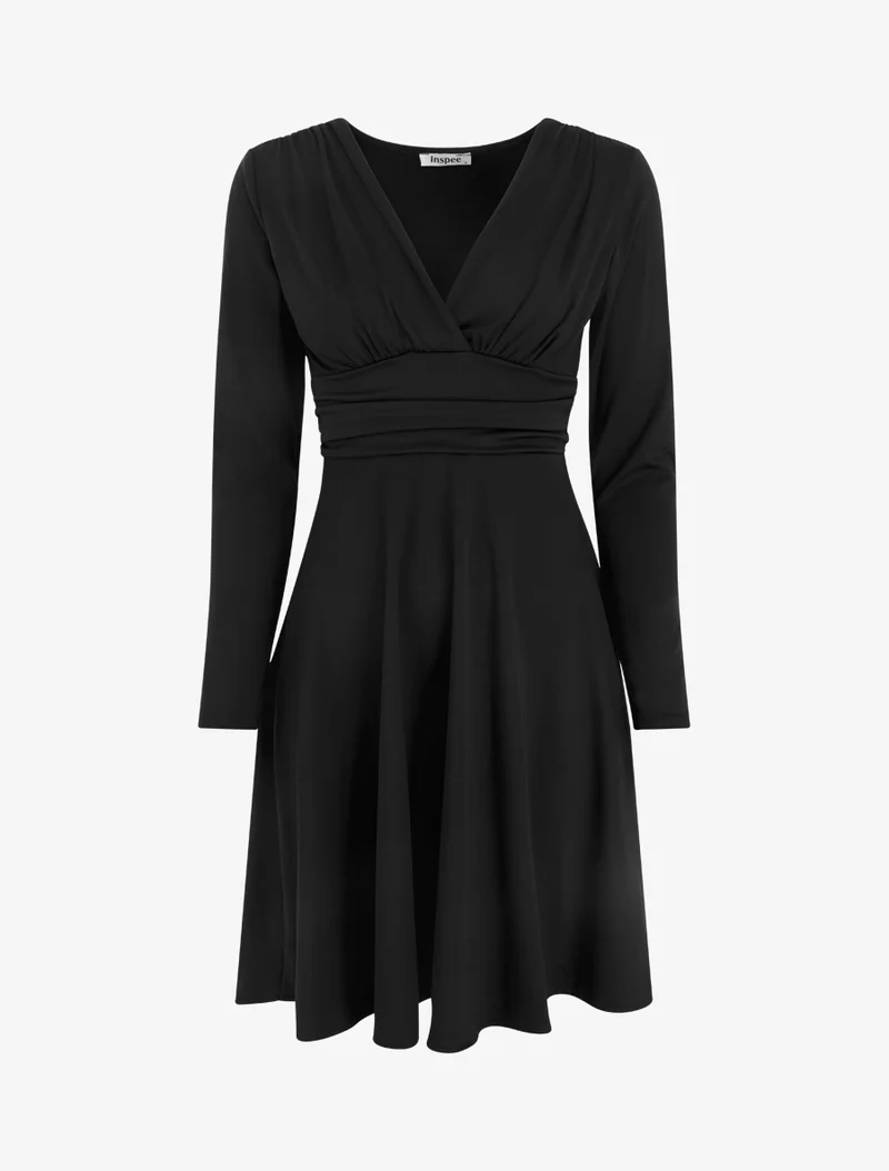 Robe patineuse manches longues à taille plissée - Noir