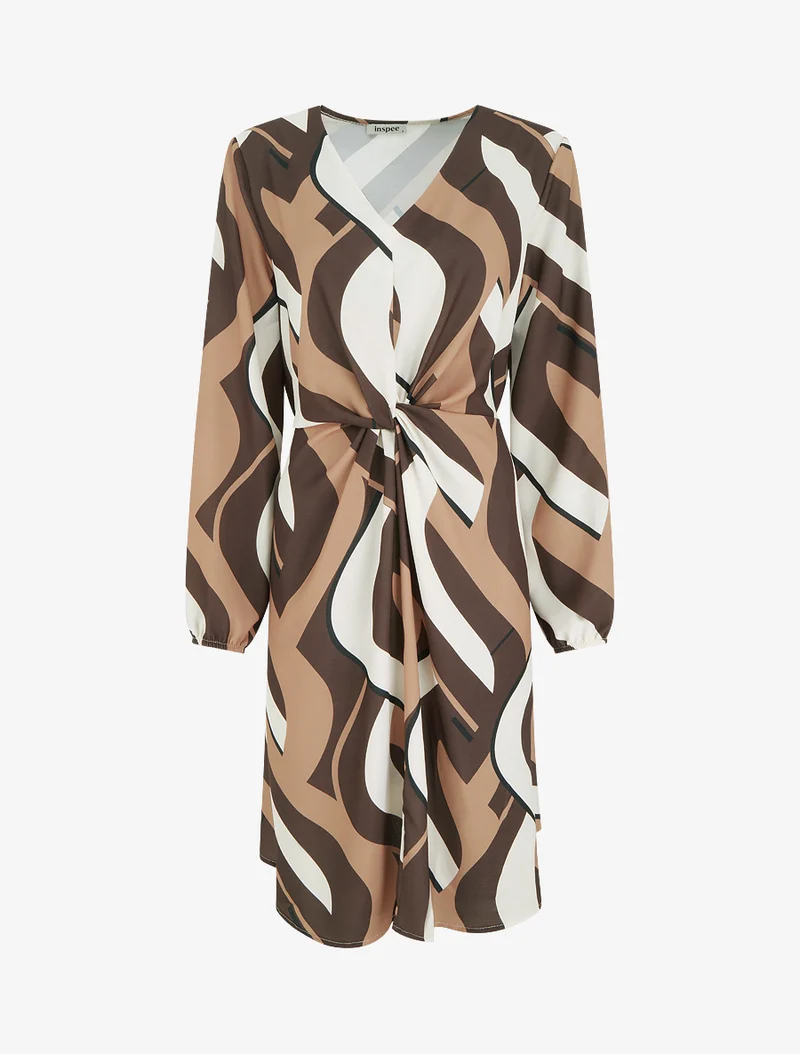Robe manches longues imprimé graphique - Marron