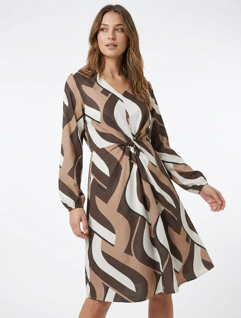 Robe manches longues imprimé graphique - Marron