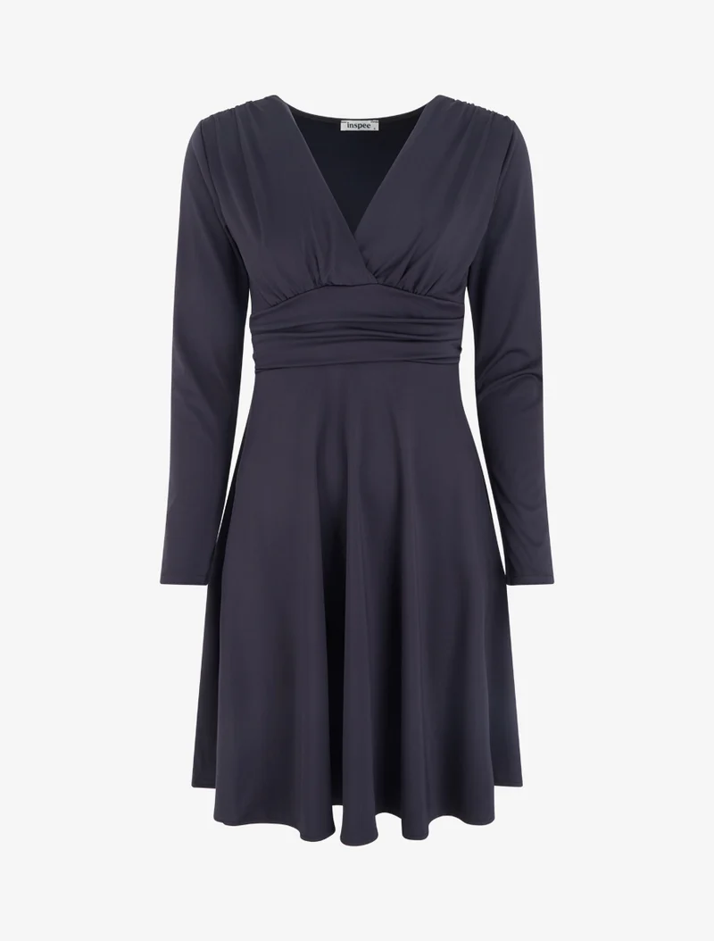 Robe patineuse manches longues à taille plissée - Marine