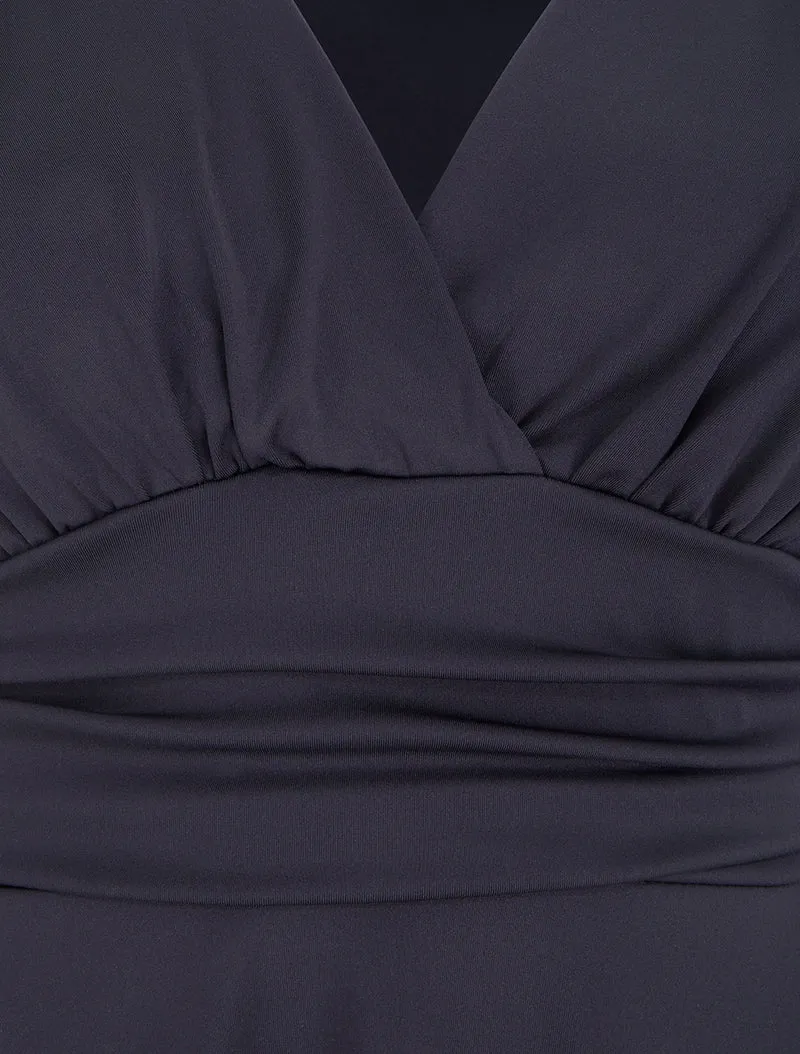 Robe patineuse manches longues à taille plissée - Marine