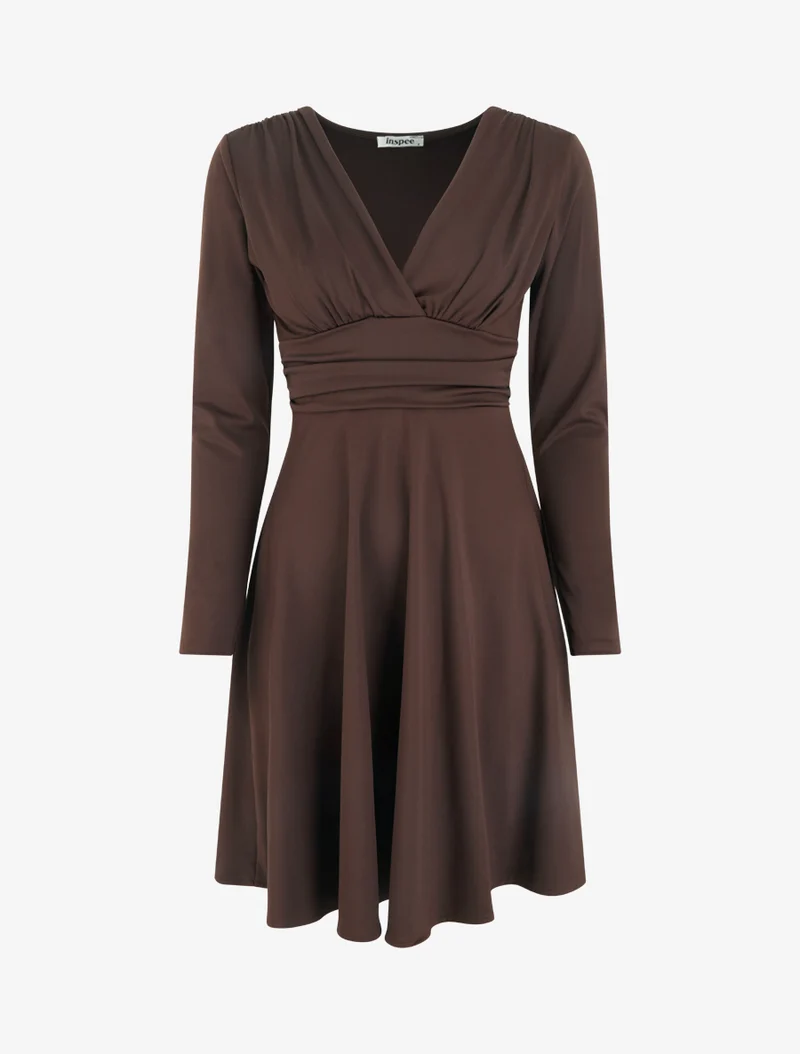 Robe patineuse manches longues à taille plissée - Marron