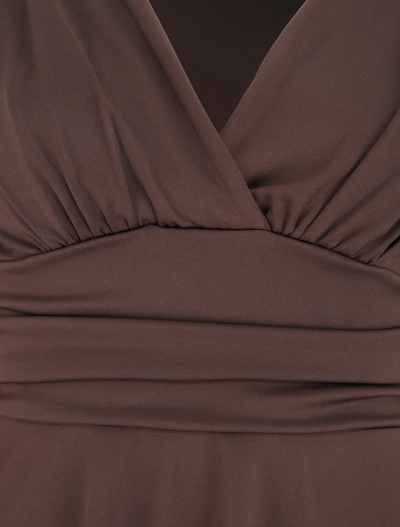 Robe patineuse manches longues à taille plissée - Marron