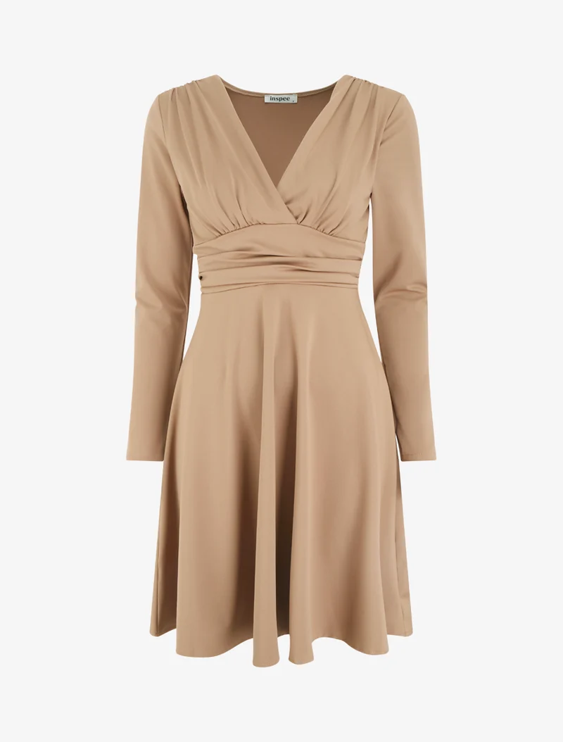 Robe patineuse manches longues à taille plissée - Camel clair