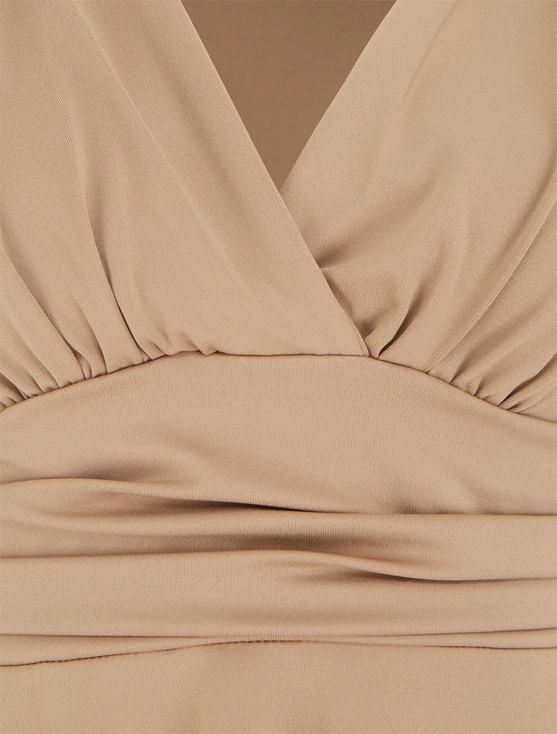 Robe patineuse manches longues à taille plissée - Camel clair