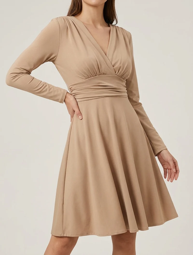 Robe patineuse manches longues à taille plissée - Camel clair