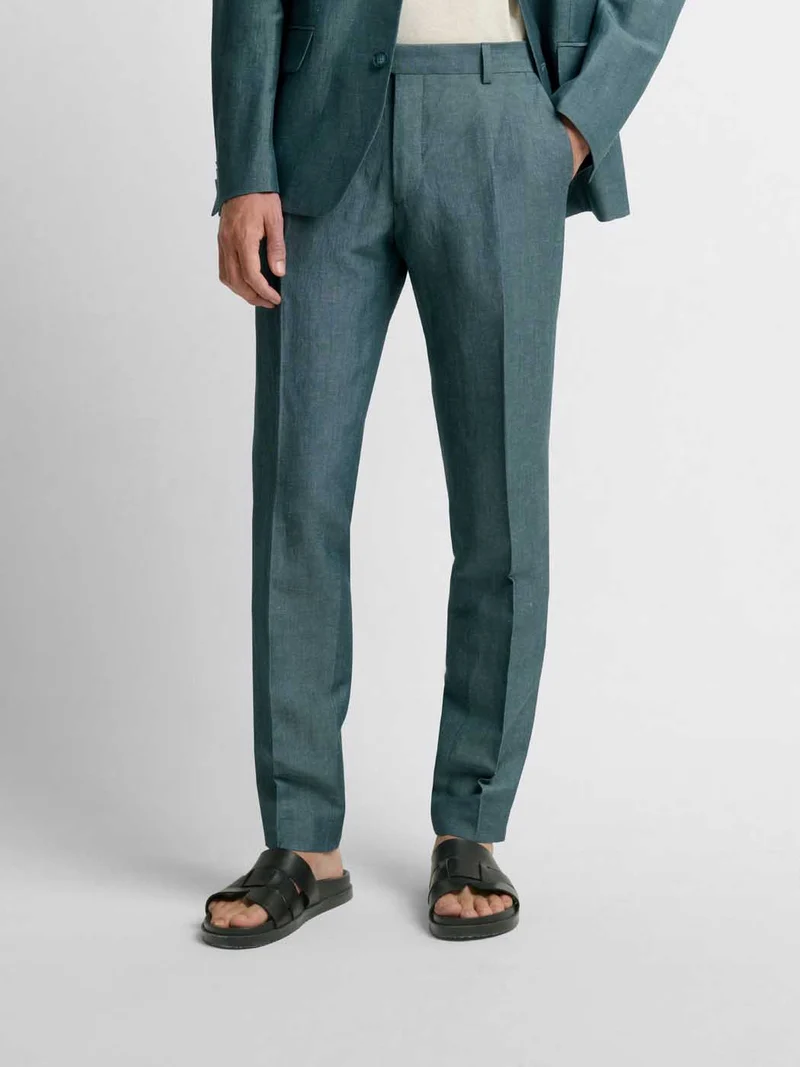 Costume 2 pièces slim bleu canard en laine et lin
