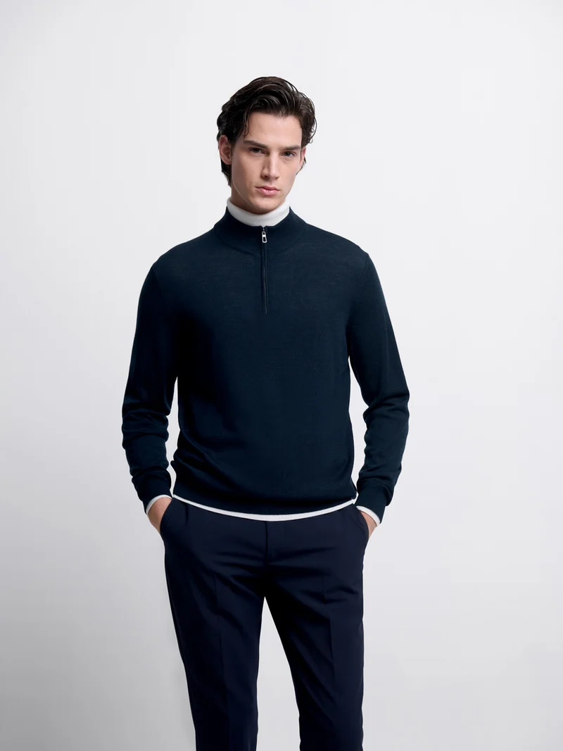 Pull col cheminée zippé en laine Mérinos
