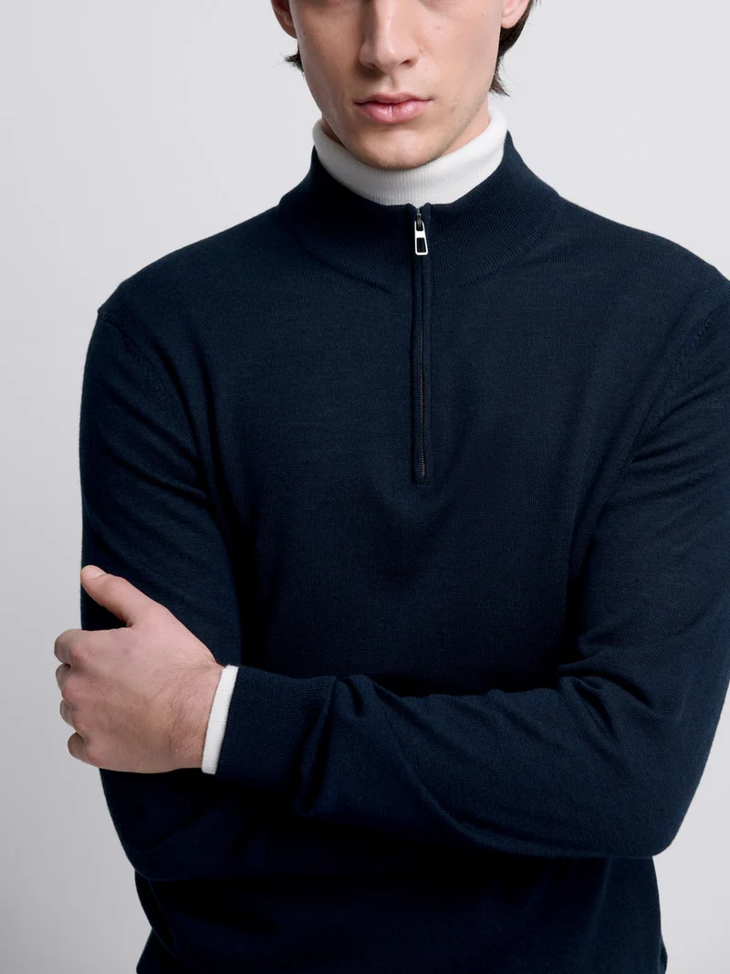 Pull col cheminée zippé en laine Mérinos