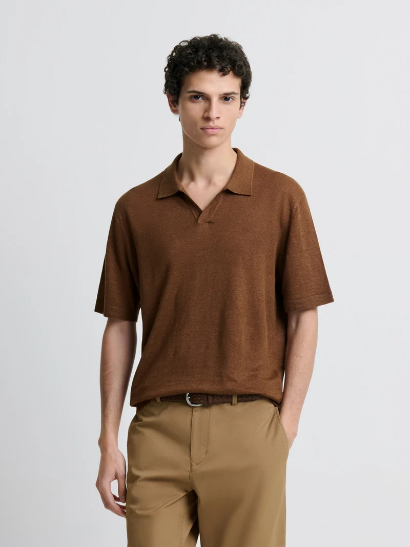 Polo col ouvert en lin