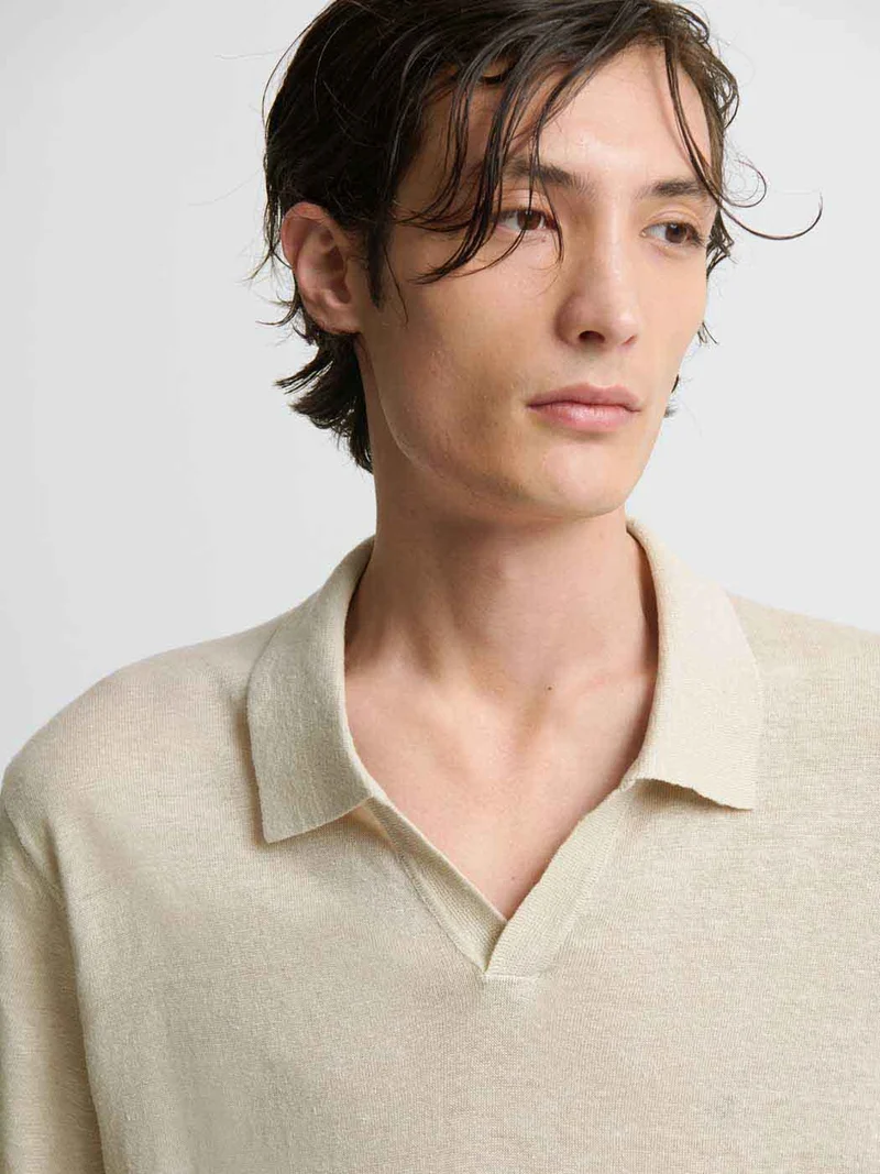 Polo col ouvert en lin