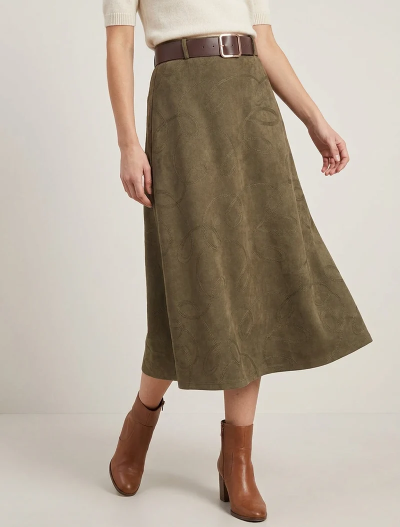 Jupe longue en suédine à broderies fantaisies - Kaki