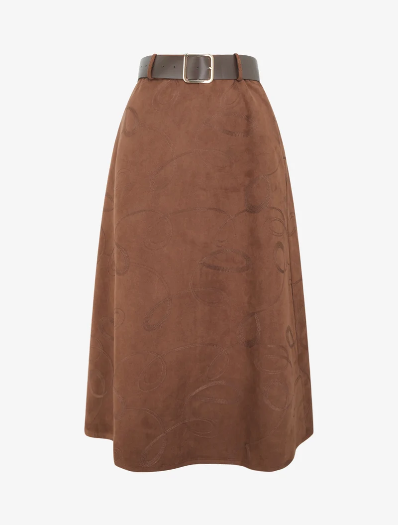 Jupe longue en suédine à broderies fantaisies - Marron
