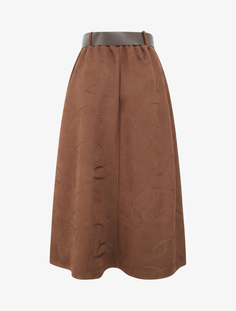 Jupe longue en suédine à broderies fantaisies - Marron