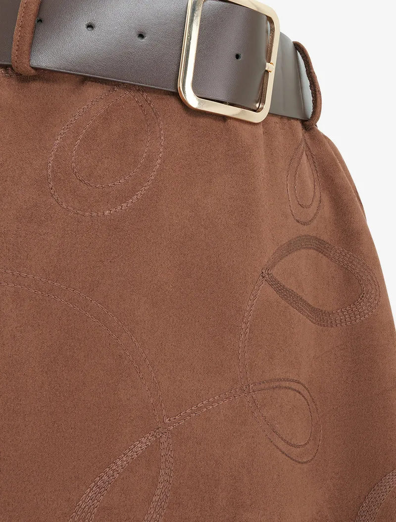 Jupe longue en suédine à broderies fantaisies - Marron