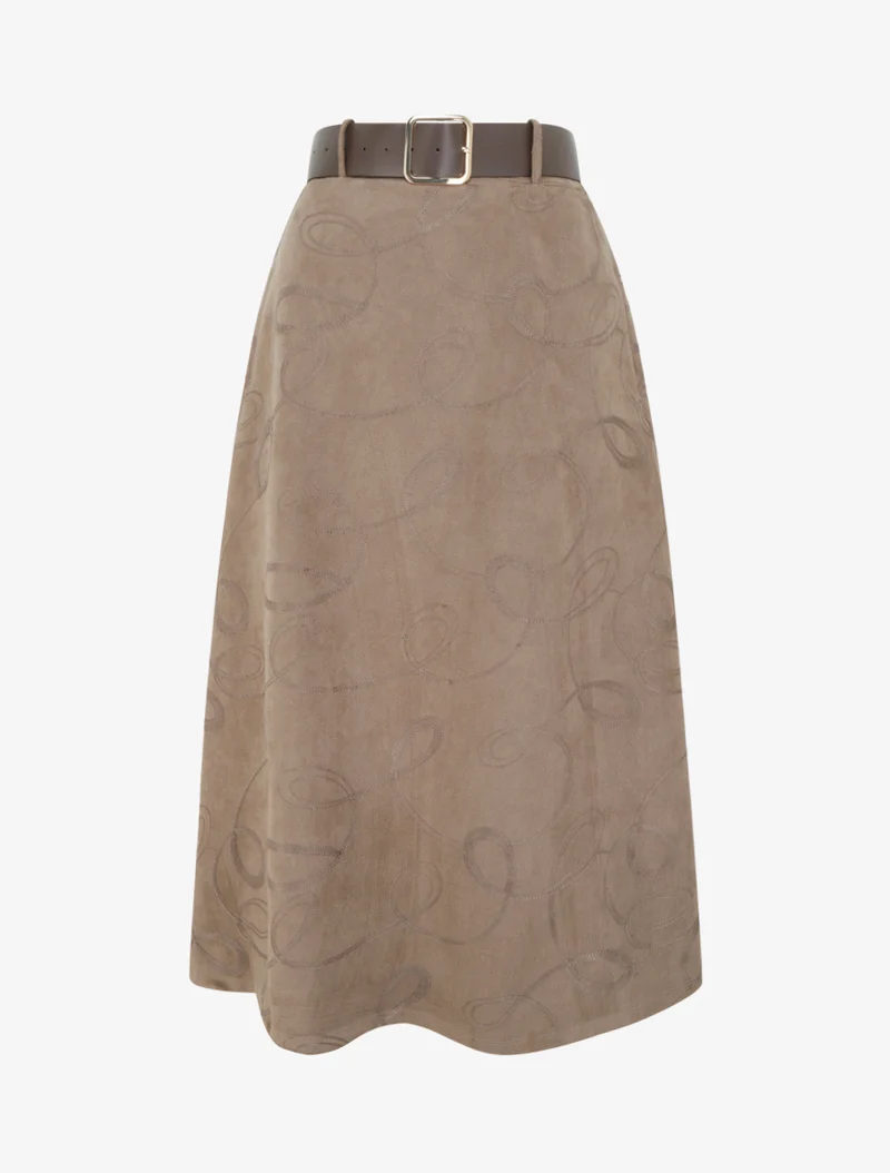 Jupe longue en suédine à broderies fantaisies - Taupe