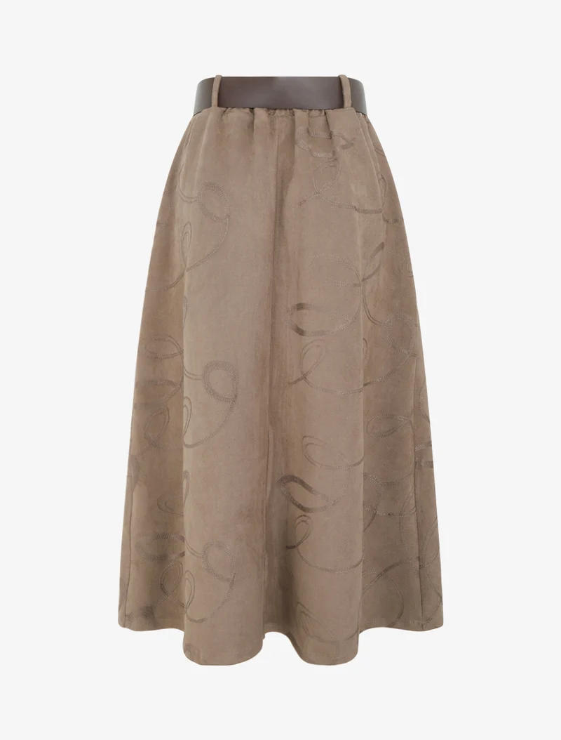 Jupe longue en suédine à broderies fantaisies - Taupe