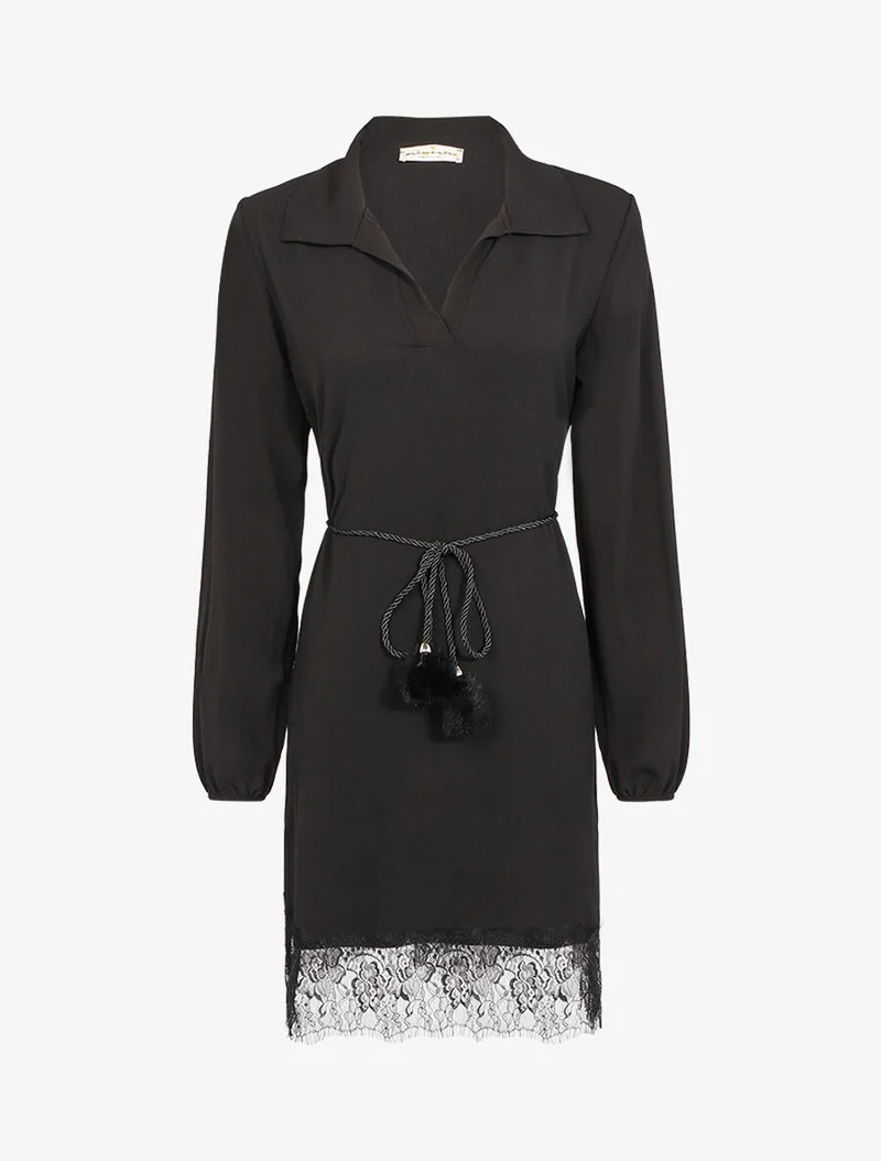 Robe effet crêpe à bord dentelle - Noir