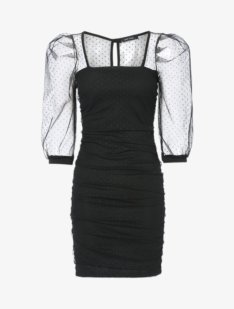 Robe fourreau en tulle à pois - Noir