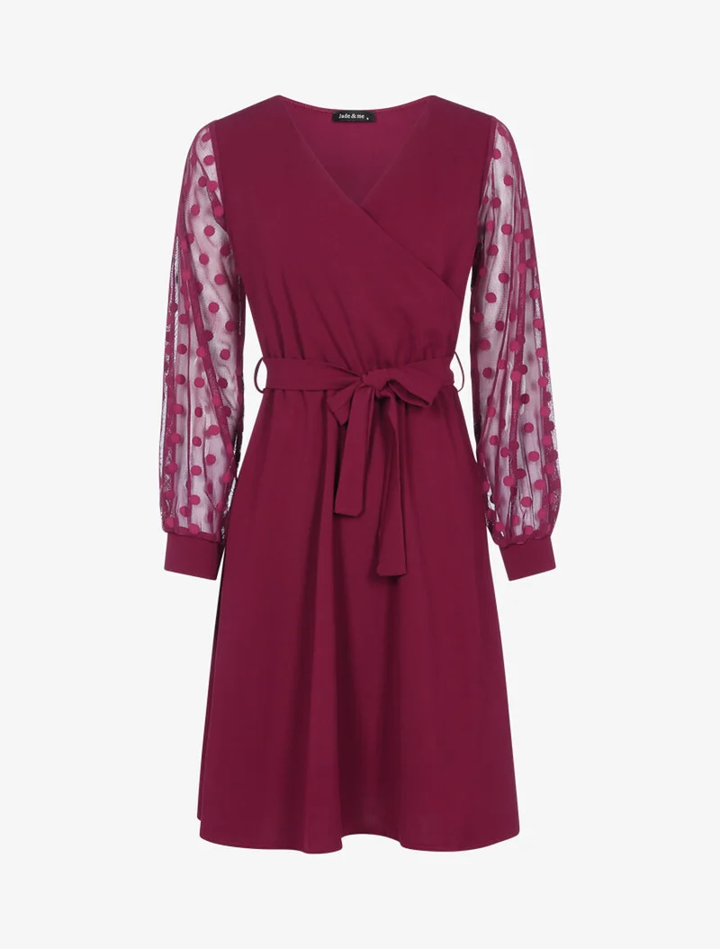Robe fluide à manches transparentes à pois - Lie de vin