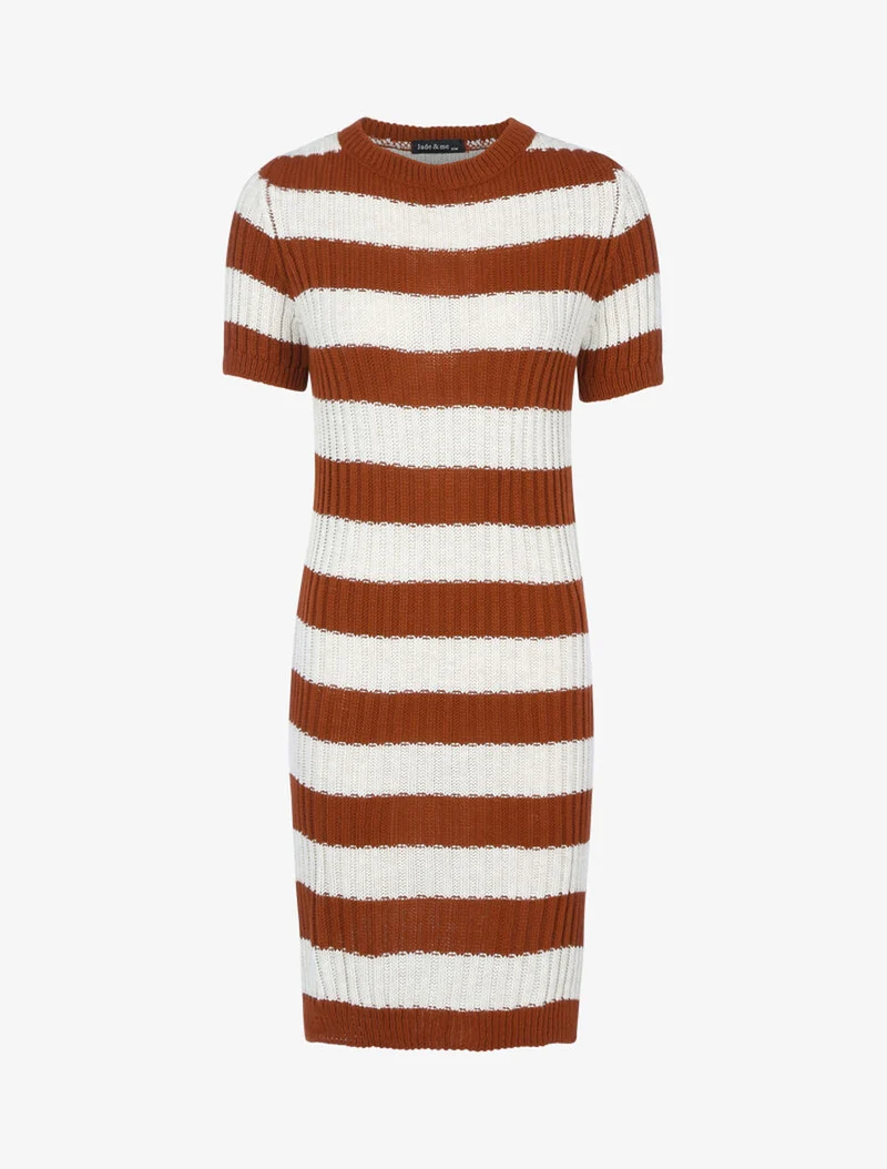 Robe pull à rayures - Brique/beige