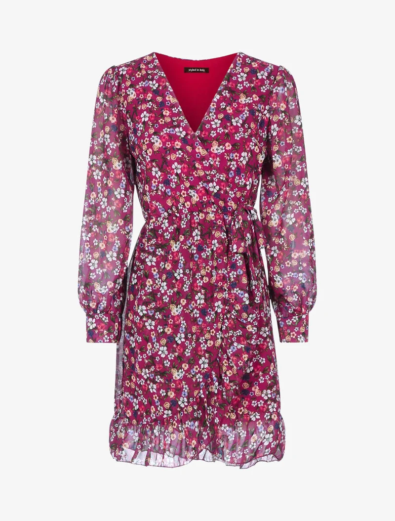 Robe volantée à manches ajourées - Rouge cerise