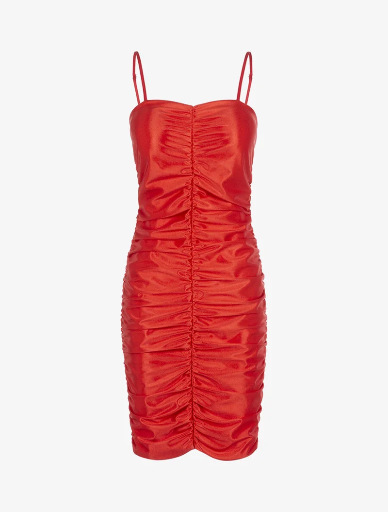 Robe satinée à fronces - Rouge