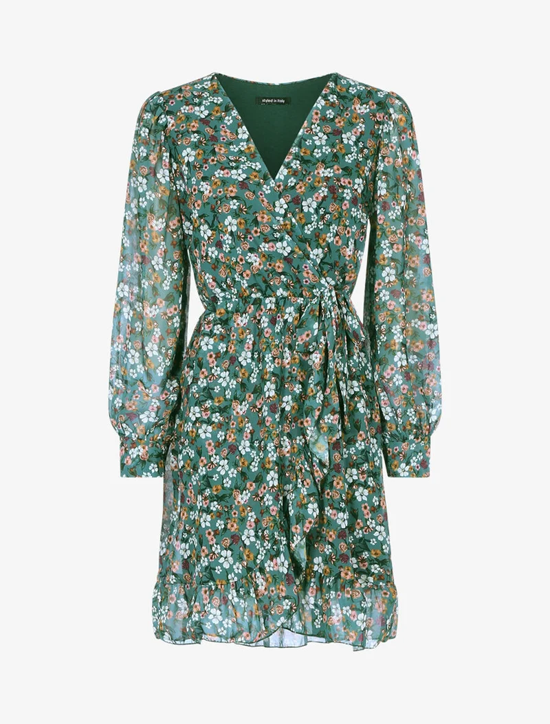 Robe volantée à manches ajourées - Vert