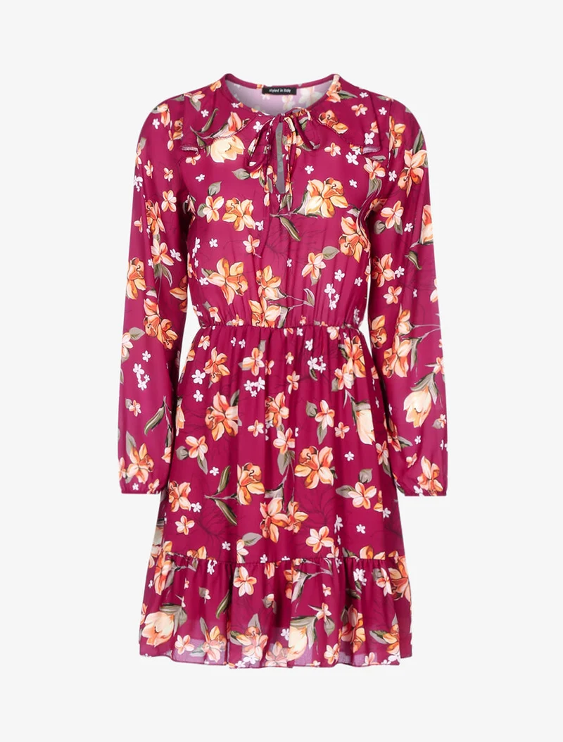 Robe fleurie à buste ajouré - Rouge cerise
