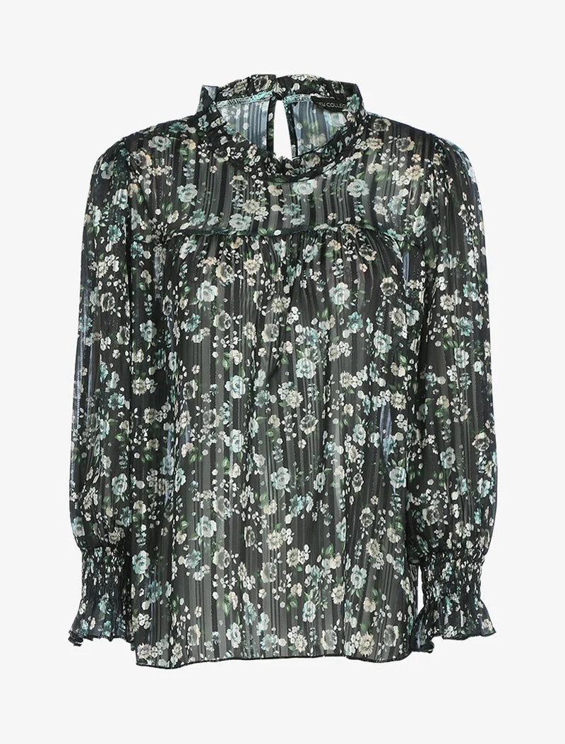 Blouse fleurie à encolure volantée - Noir