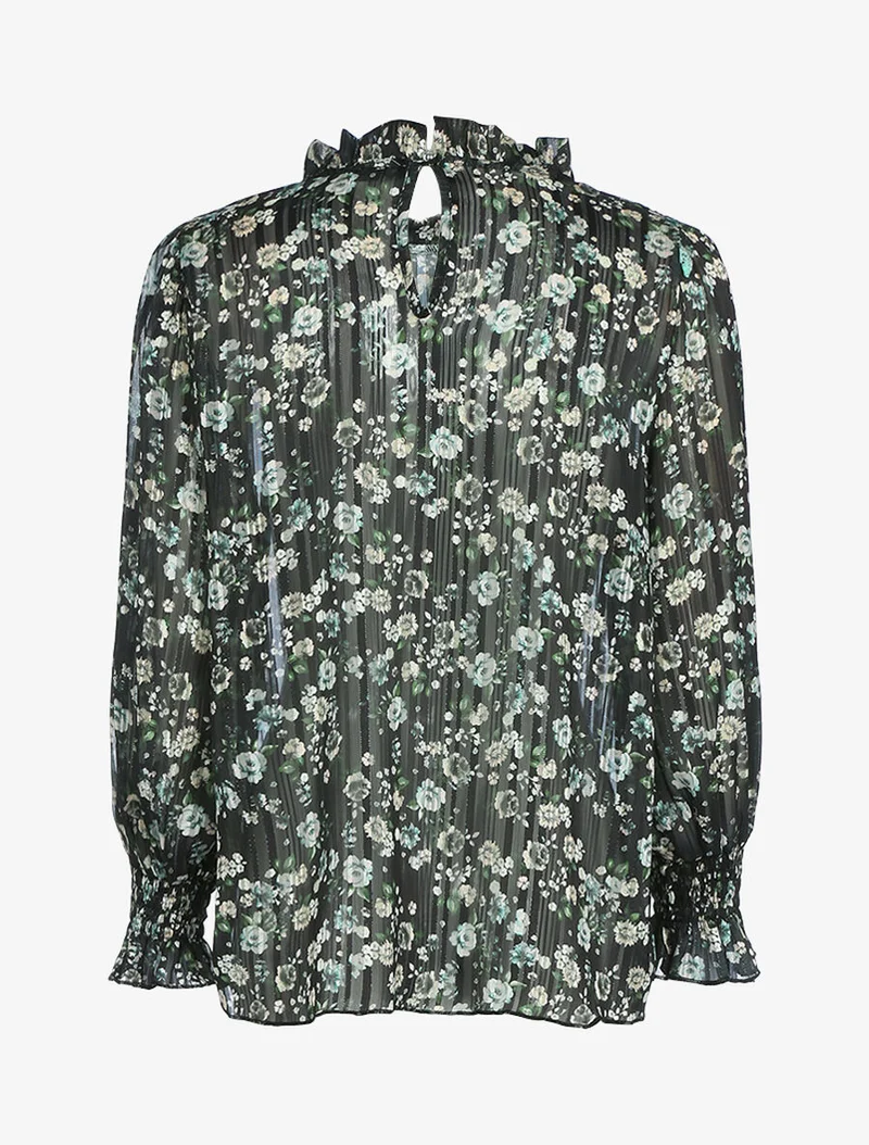 Blouse fleurie à encolure volantée - Noir