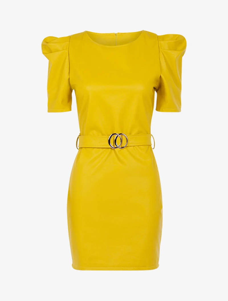 Robe en simili à manches gigot - Jaune