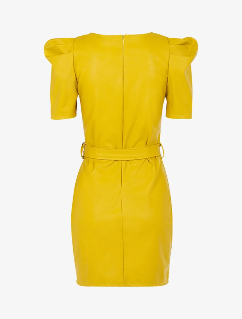Robe en simili à manches gigot - Jaune