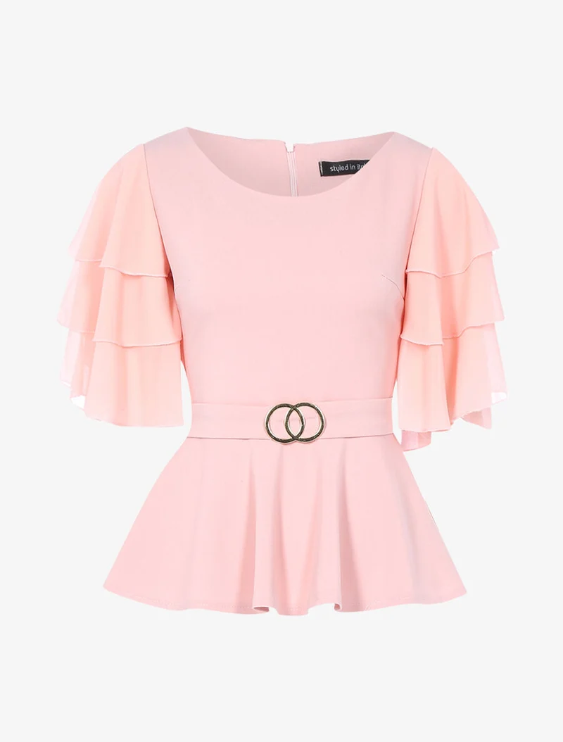 Top péplum à manches volantées - Rose