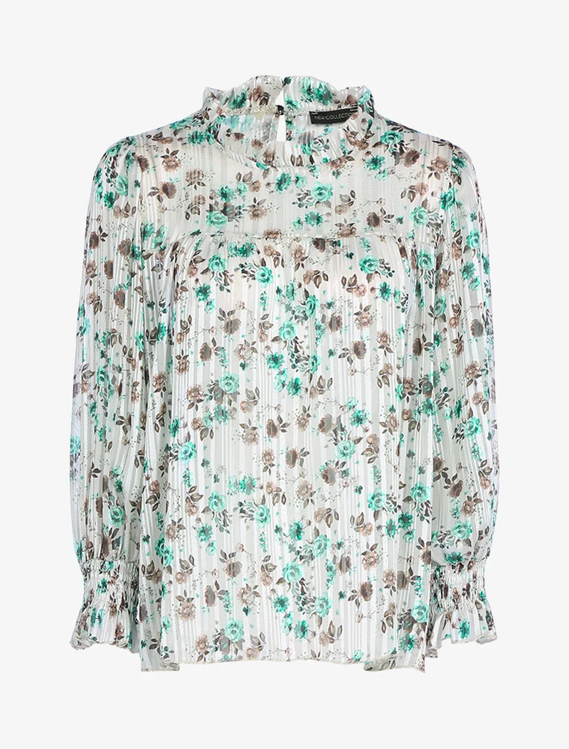 Blouse fleurie à encolure volantée - Beige