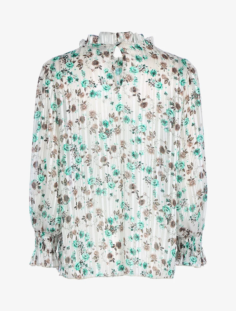 Blouse fleurie à encolure volantée - Beige