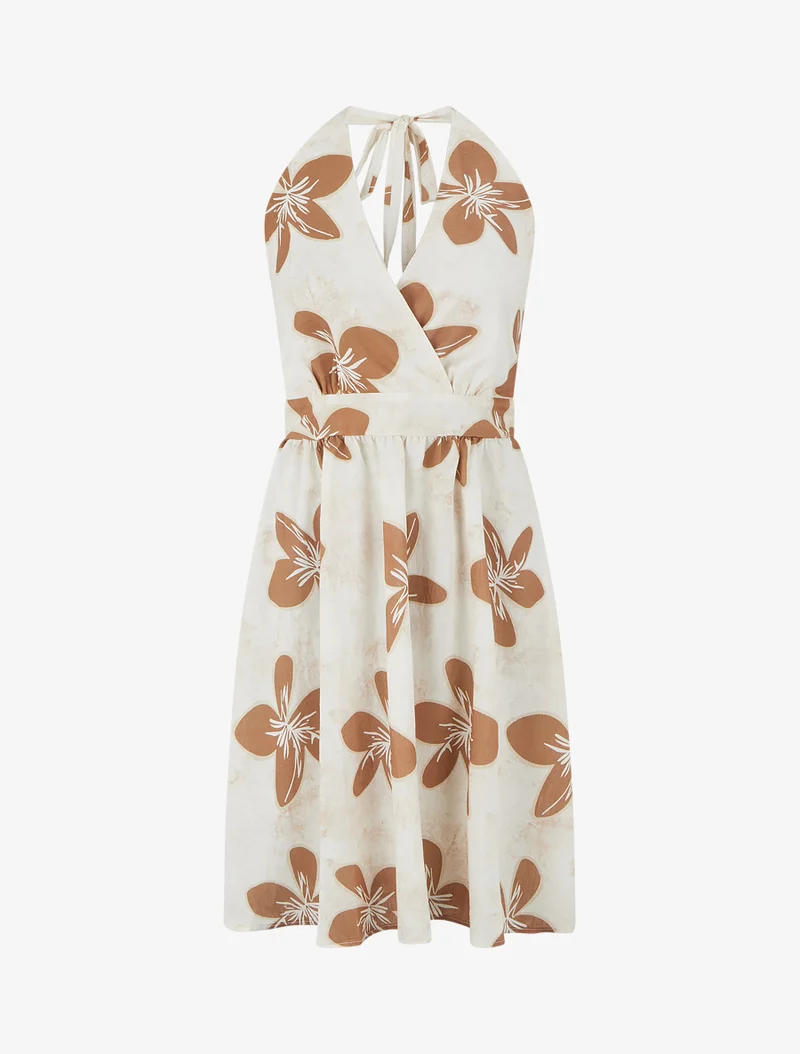 Robe mi-longue dos nu imprimé grandes fleurs - Terracotta