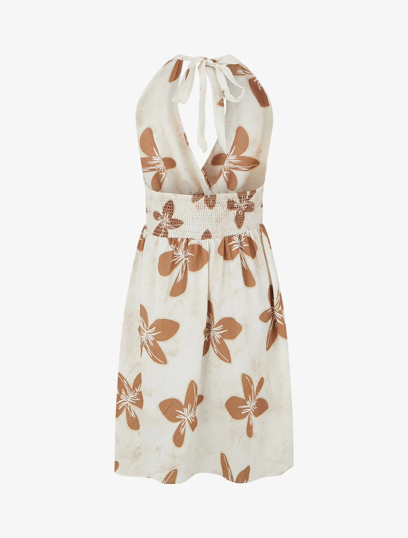 Robe mi-longue dos nu imprimé grandes fleurs - Terracotta