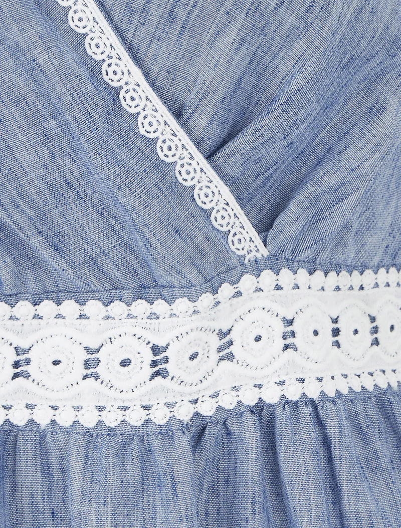 Robe mi-longue à bande brodée - Bleu