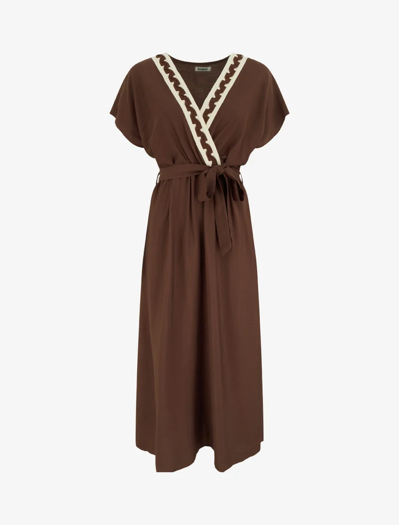 Robe longue manches courtes à col fantaisie - Marron