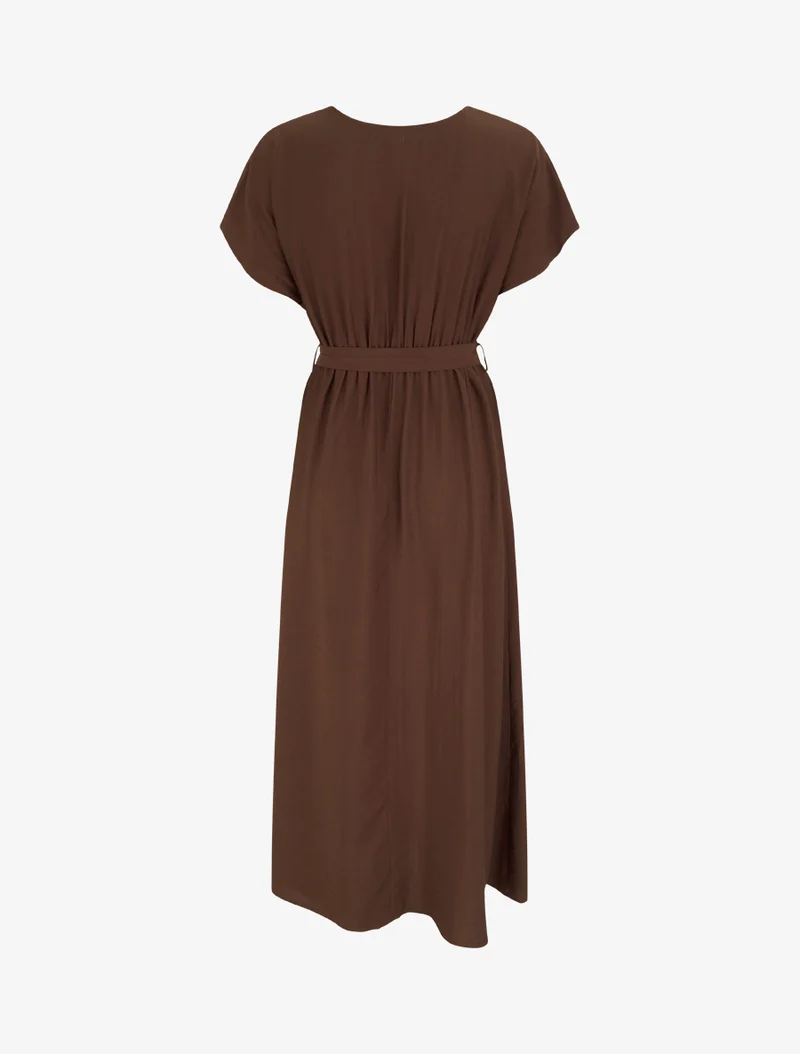 Robe longue manches courtes à col fantaisie - Marron