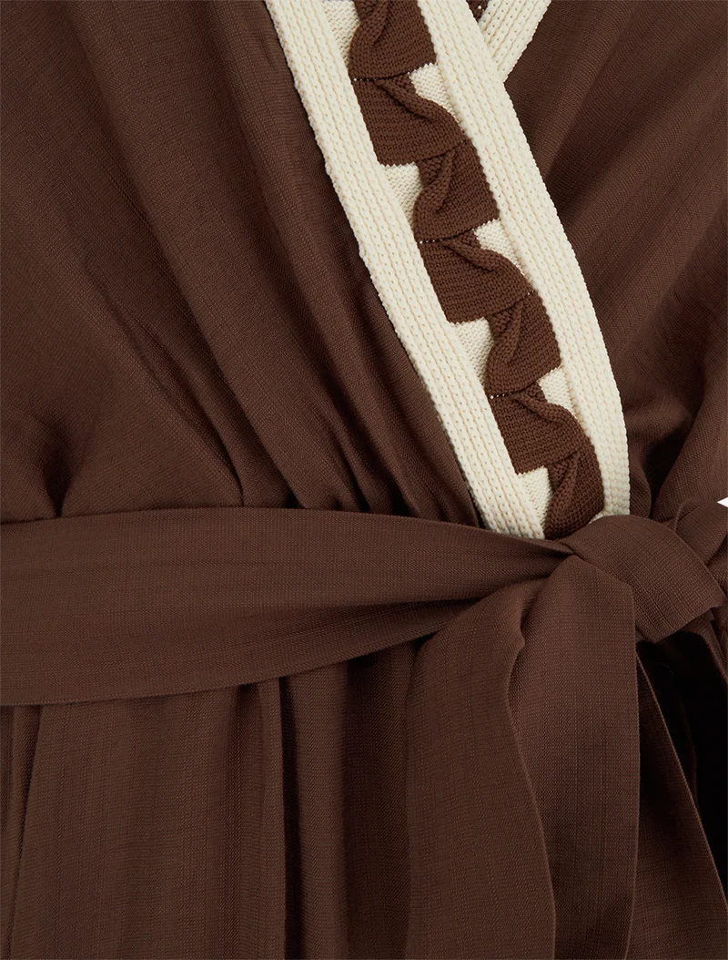 Robe longue manches courtes à col fantaisie - Marron
