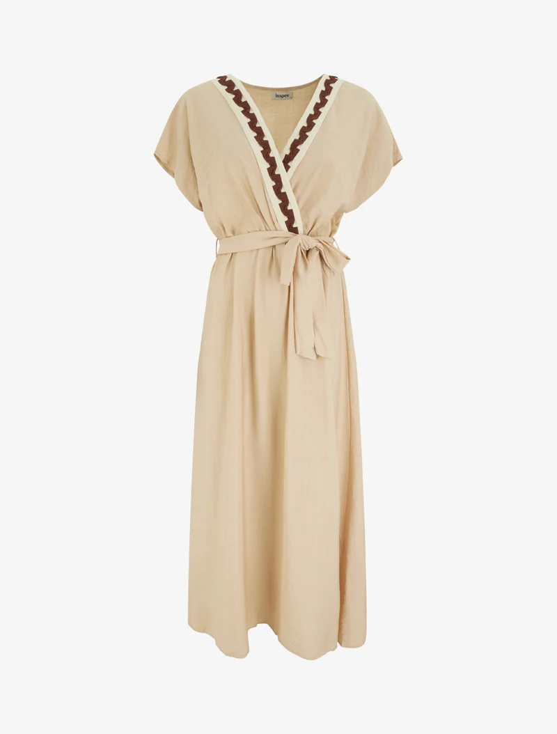 Robe longue manches courtes à col fantaisie - Beige
